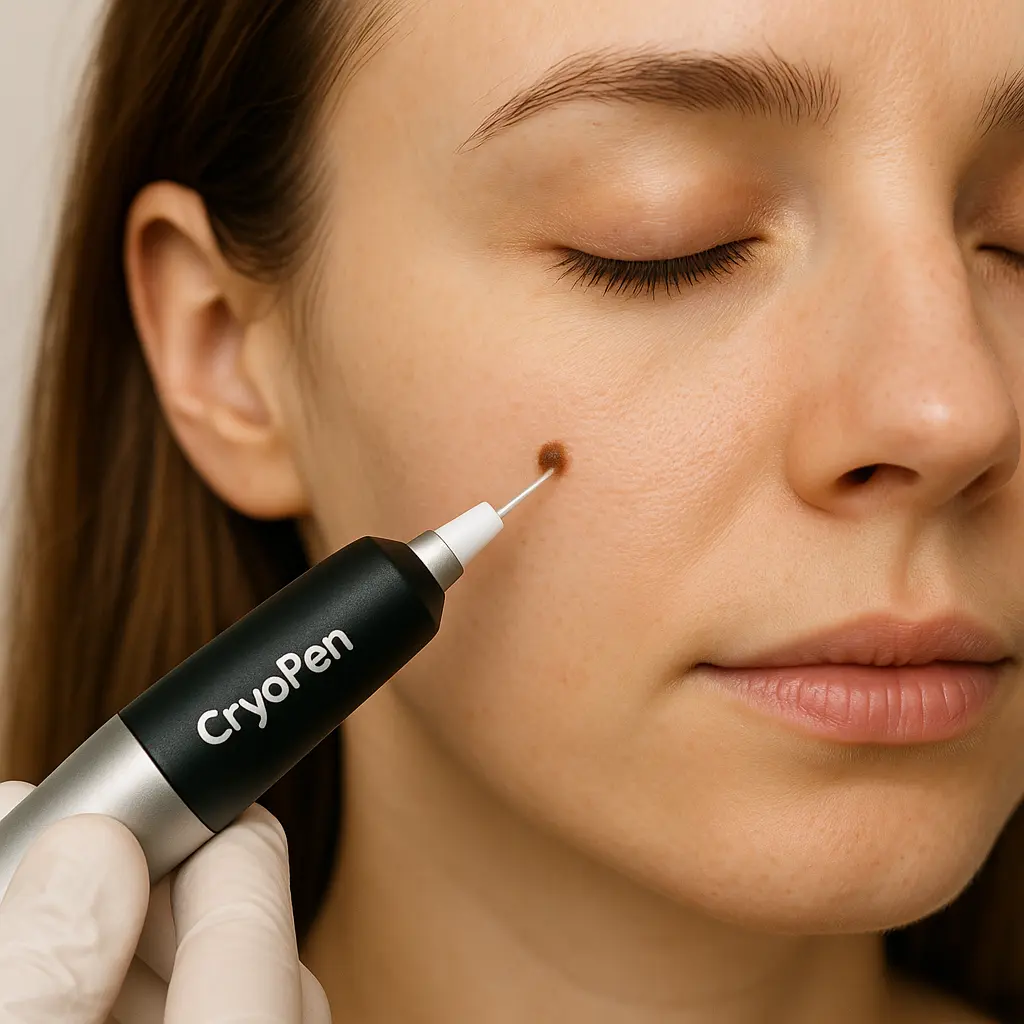 woman receiving facial mole removal Broxburn using cryopen 
