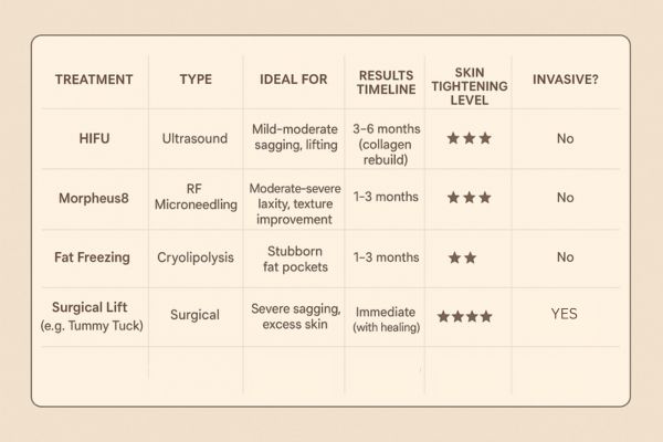 Table showing the comparisons of Skin tightening Broxburn treatment options.